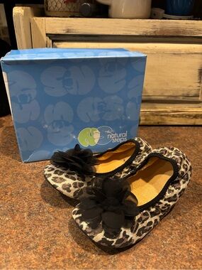Natural Steps Leopard Ballet Flats with Black Flower Accent